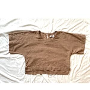 DKNY Pure Boxy Crop Linen Short Sleeve Shirt Top, Brown Pink, Medium